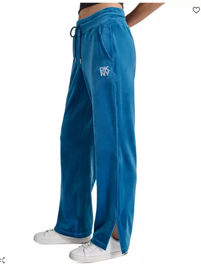 NWT! DKNY Sport Women's Sz L Velour Rhinestone Logo Pull On Pant Teal DP4P3552