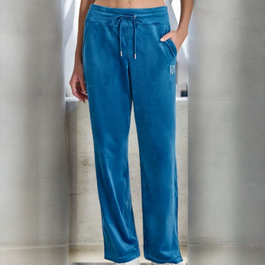 DKNY Women's Velour Rhinestone-Logo Side-Slit Track Pants,Poseidon