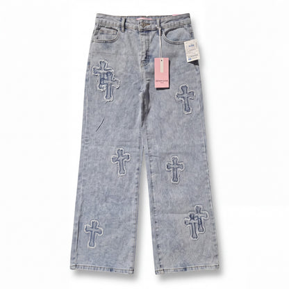 Denim Diva Girl’s Flared Bell Jeans  Blue Crosses Pockets Light Wash Kids NWT