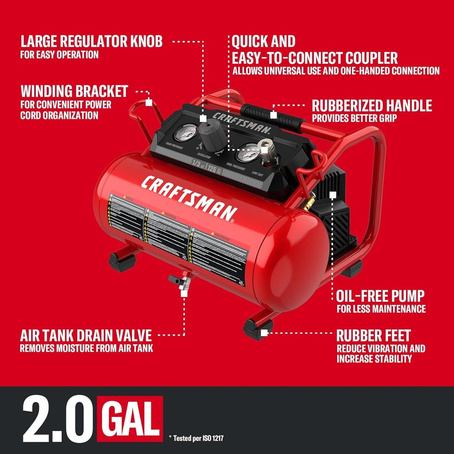 CRAFTSMAN Air Compressor, 2 Gallon Portable Air Compressor 1/3HP Max 125 PSI Oil
