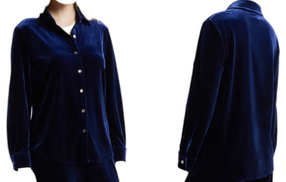 Women's Anne Klein AK Velour Long Sleeve Button Front Dress Shirt | Red, Blue