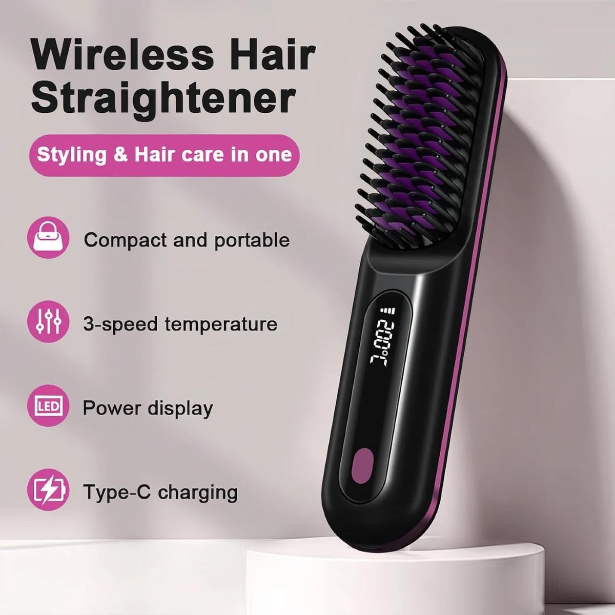 Cordless Hair Straightener Brush for Women, Portable Travel Hair Straightener...