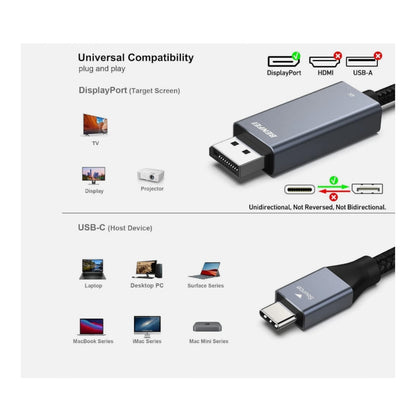 BENFEI USB-C to DisplayPort 6ft 8K@60Hz 4K@144Hz Gray Cable