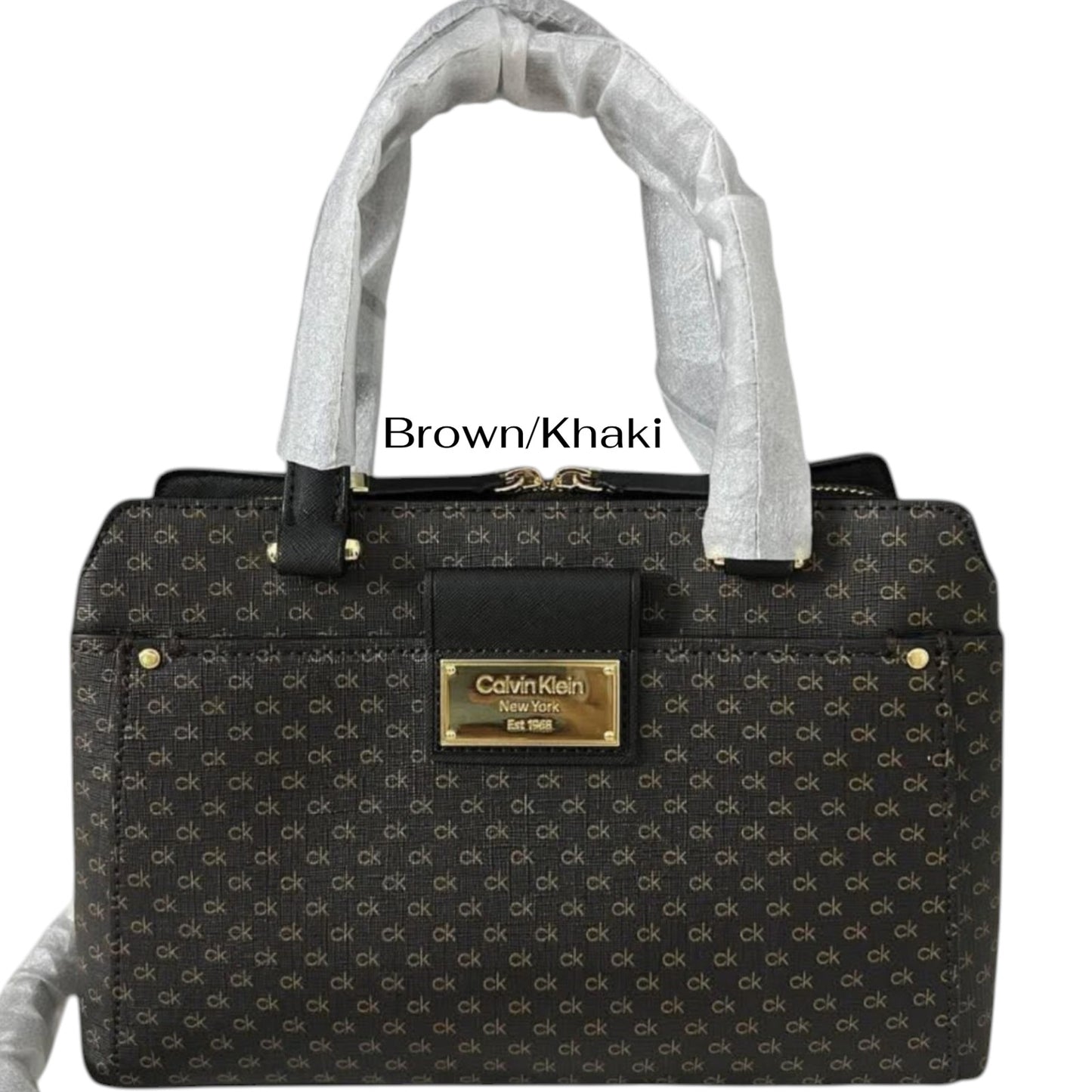 NWT Calvin Klein Women's Triple Compartment Satchel Crossbody Bag Almond/Brown