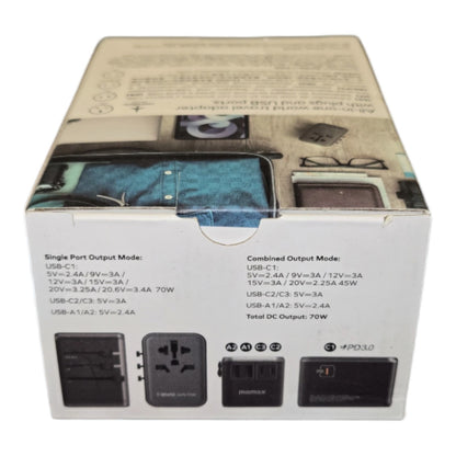 Momax 1-World 70w GaN Universal Travel UK EU AU US Multi Plug Adapter - Black