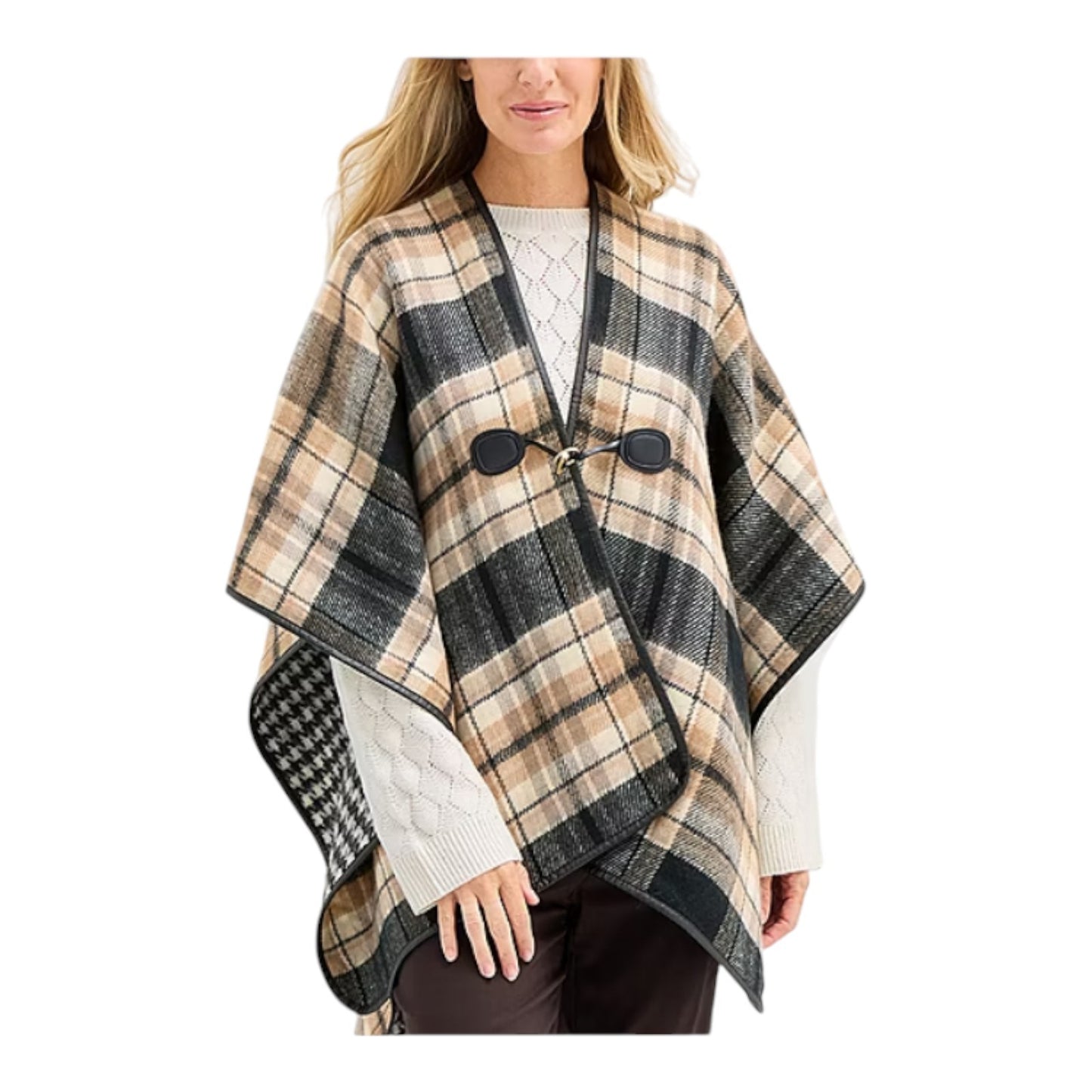 Liz Claiborne Wrap Shawl Plaid Houndstooth Lined Oversized Fall Equestrian 41x30