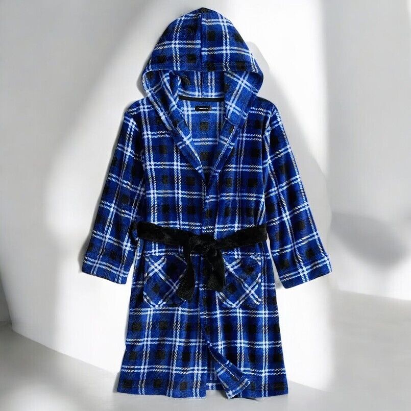 Cuddl Duds Boy's Plush Hooded Robe,Blue Plaid, (M 8-10)
