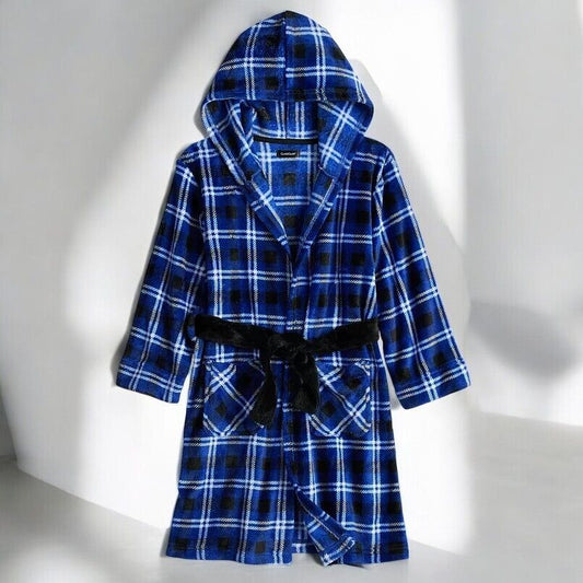 Cuddl Duds Boy's Plush Hooded Robe,Blue Plaid, (M 8-10)