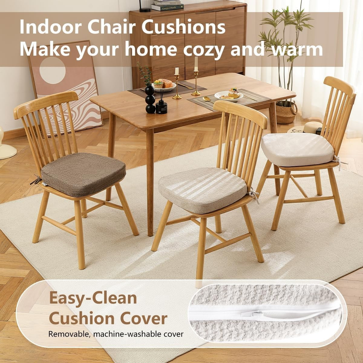 6 Chair Cushions for Dining Chairs, D-Shaped Seat Cushions, Removable, Washable