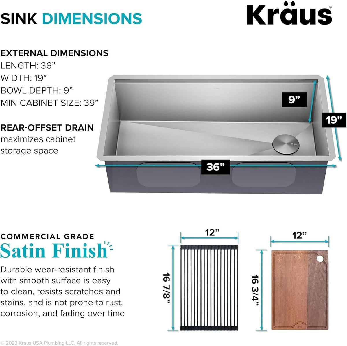 Kraus KWU110-36 Kore 36" Undermount Single Basin Stainless Steel - Stainless