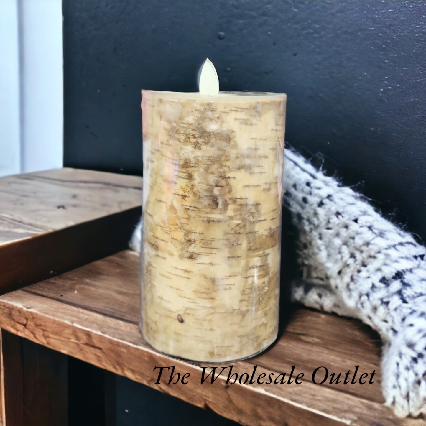 Premium Flickering Flameless Wax Pillar Candle - Textured Birch, 3x6