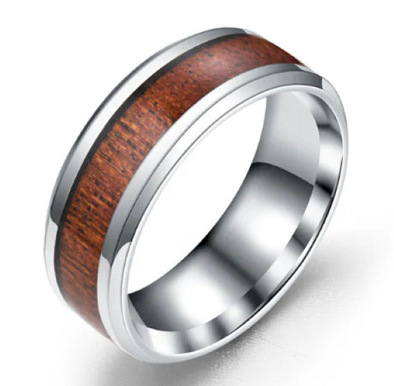 8mm KOA Wood Inlay with Polished Step Down Edges Ring