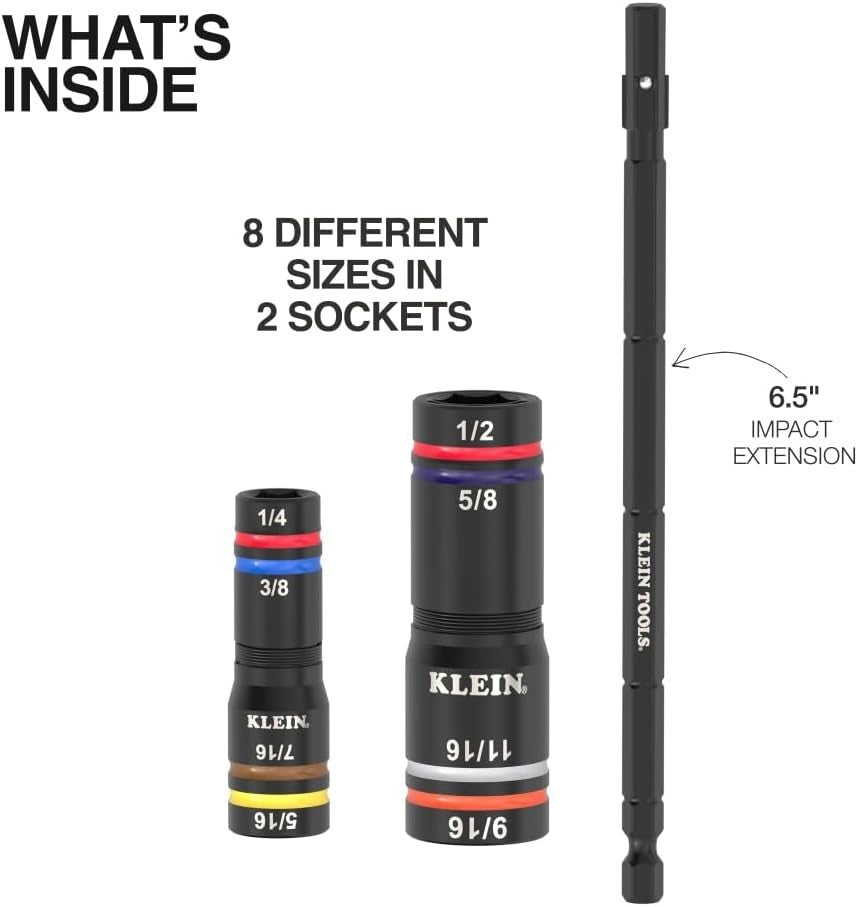 Klein Tools 652QS Quad-8 Deep-Well Heavy-Duty Impact Flip Sockets, SAE, 3 Pc.