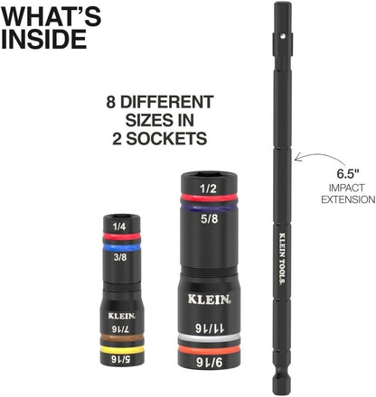 Klein Tools 652QS Quad-8 Deep-Well Heavy-Duty Impact Flip Sockets, SAE, 3 Pc.