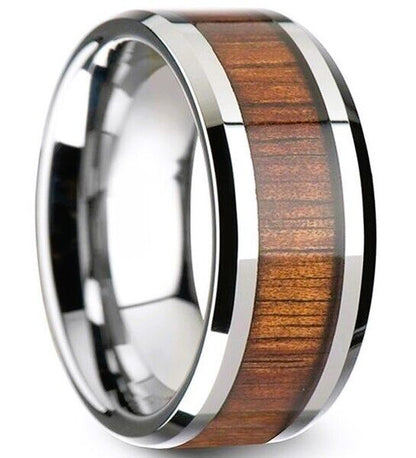 8mm Tungsten KOA Wood Inlay with Polished Beveled Edges Ring