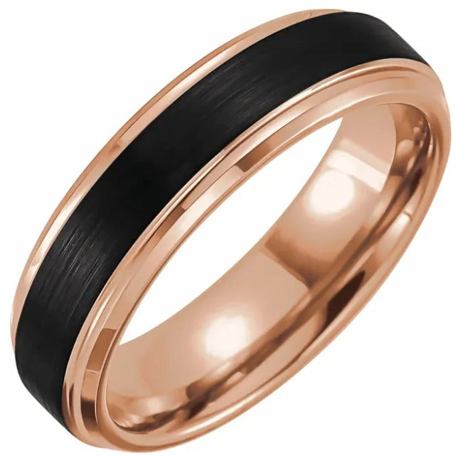 6mm Tungsten 18K Rose Gold & Black PVD Beveled Stepped Edge Satin Band (SZ 10)