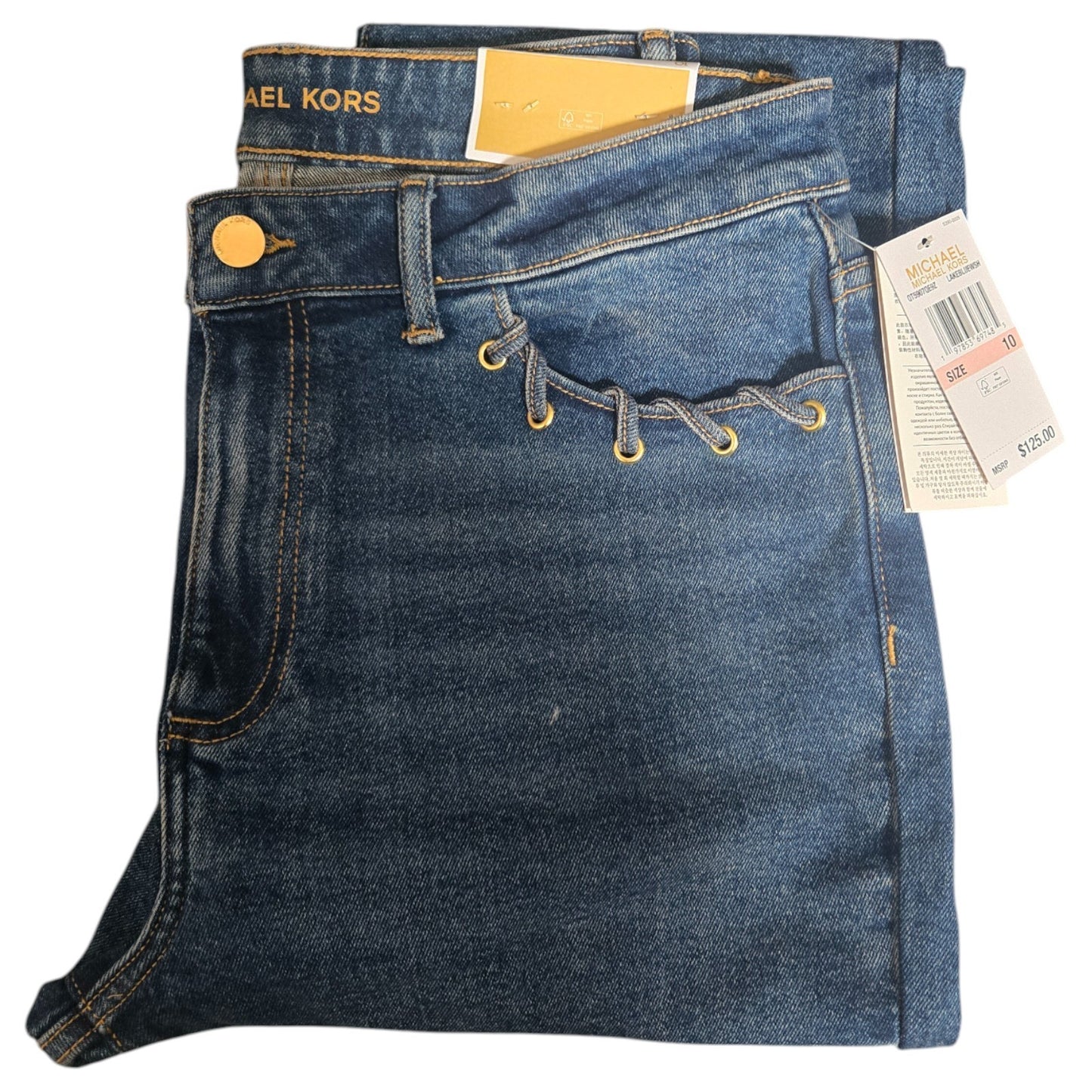 NWT MICHAEL KORS Selma Crop Flare High Rise Jeans | MK logo | Lake Blue Wash