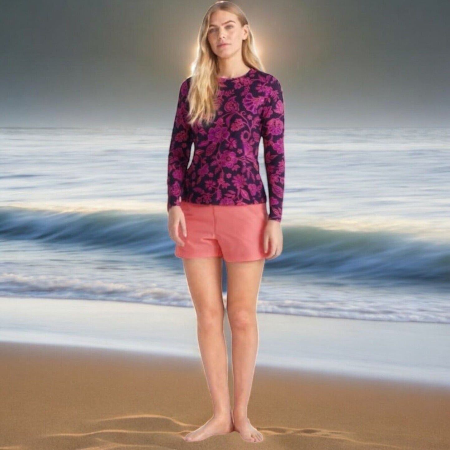 Lands End Crew Neck Long Sleeve Rash Guard UPF 50 Swim Tee Colorful 428198 JXN