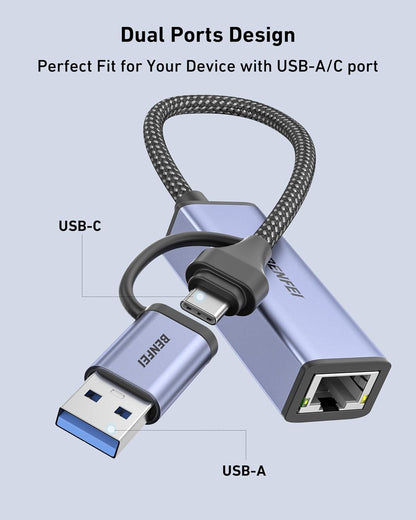 BENFEI USB 3.0 to Ethernet Adapter, USB C to RJ45 Gigabit LAN (1000Mbps) Network
