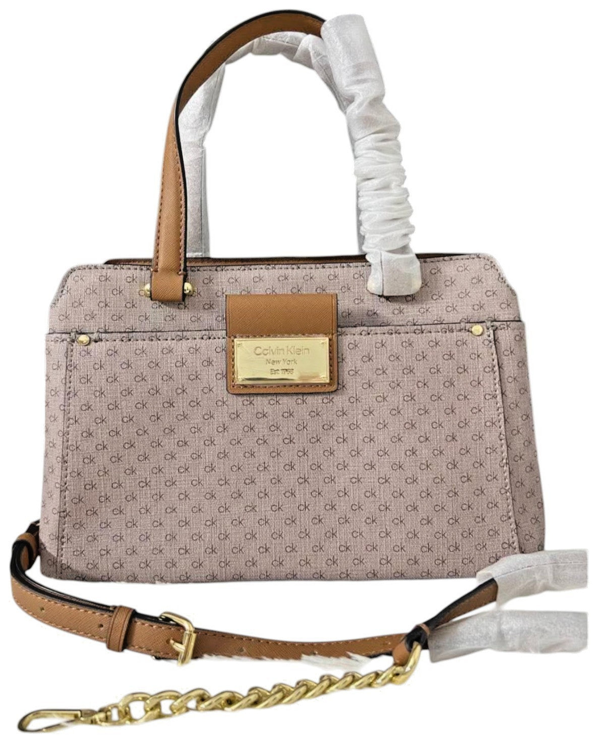 NWT Calvin Klein Women's Triple Compartment Satchel Crossbody Bag Almond/Brown