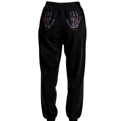 PINK Victoria's Secret Black Joggers with Purple Bling Skeleton Hands on Butt