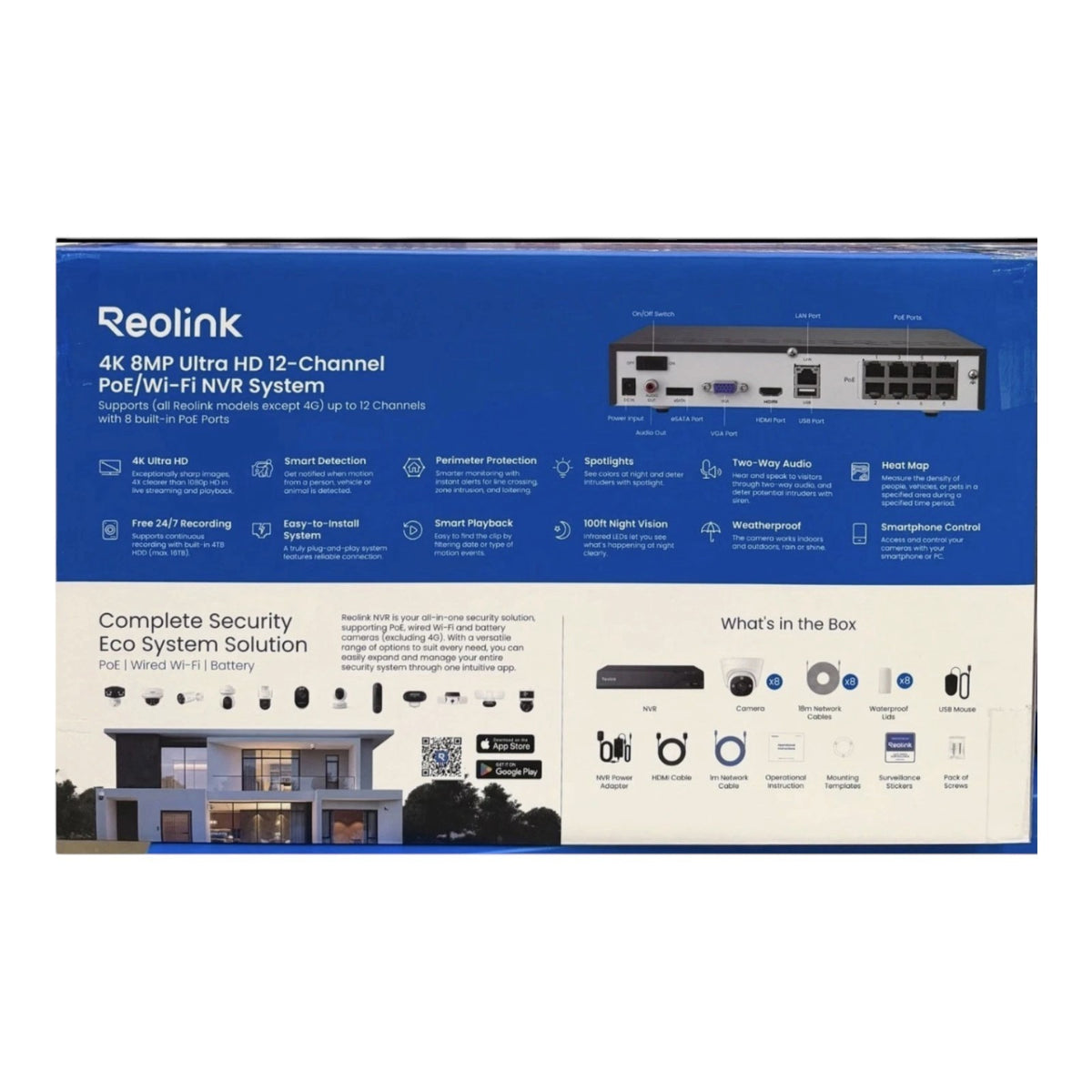 Reolink 4K 12 Channel 4TB Wifi NVR with 8 PoE Wired Security Dome Camera System