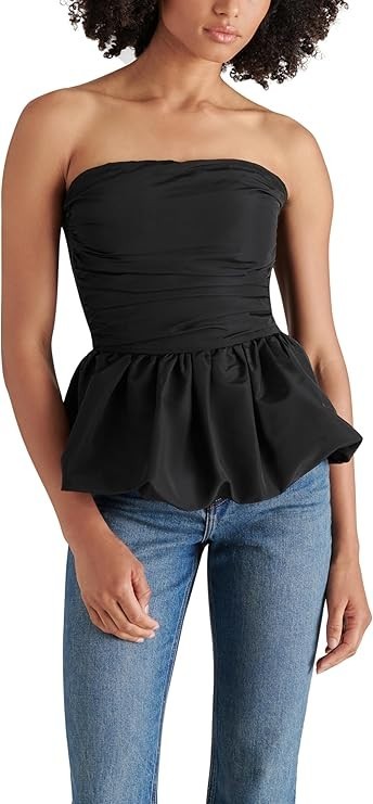 Steve Madden Amari Strapless Top Black Bubble Hem Peplum