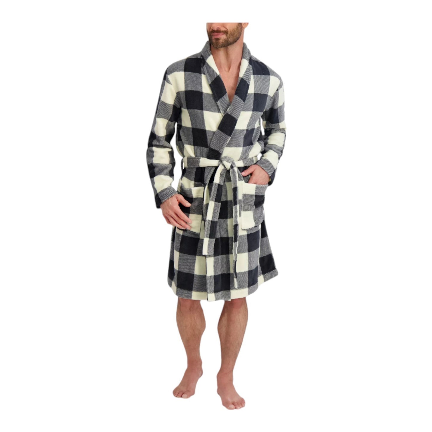 Hanes Men's Adjustable Plush Robe - Grey Plaid - S/M & L/XL