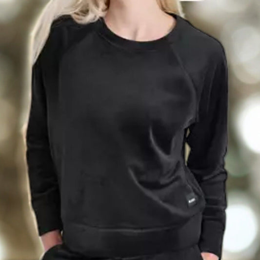 DKNY Platinum Velour Raglan Crew Neck Pullover With Metallic Logo Patch, Small