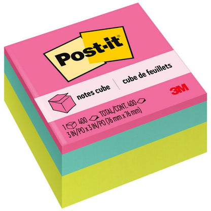 Post-it® Notes Cube, 400 Total Notes, 3" x 3", Bright Colors