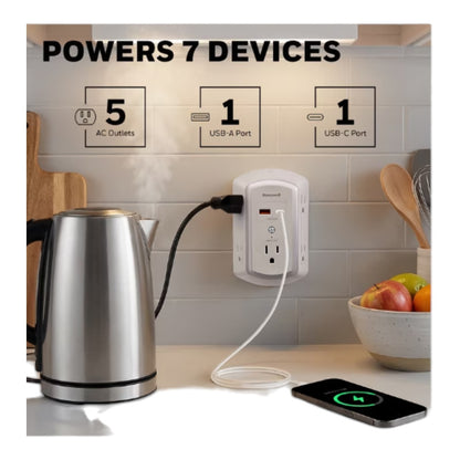 Honeywell Wall Outlet Extender with Night Light USB C Surge Protector Splitter