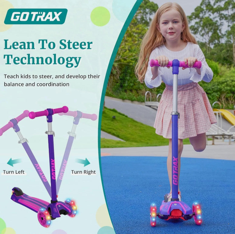 Kids Kick Scooter, LED Lighted Wheels and 3 Adjustable Height Handlebars, Lea...