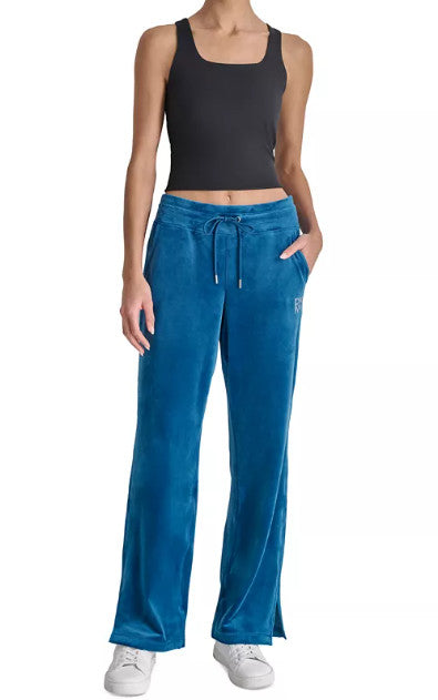 NWT! DKNY Sport Women's Sz L Velour Rhinestone Logo Pull On Pant Teal DP4P3552
