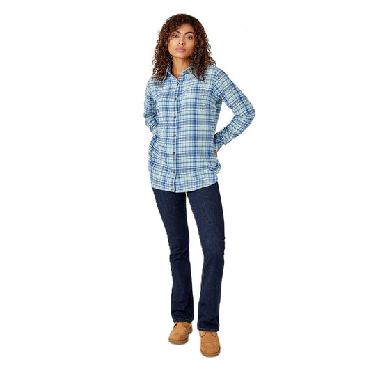 Women's Plaid Flannel Long Sleeve Shirt, Clear Blue Asymetrical Orchard Plaid, M