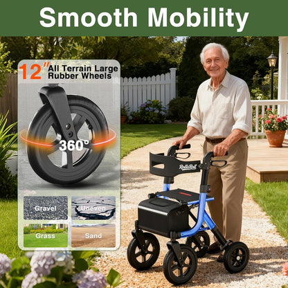 RollisRoll Walkers for Seniors, Rollator Walker with Seat, 12" Big Wheels