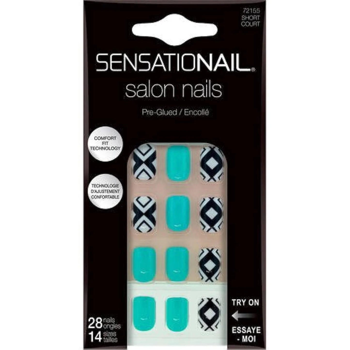 Sensationail Salon Nails Set, 28 Nails, 14 Sizes, Short, Pre-Glued 72155