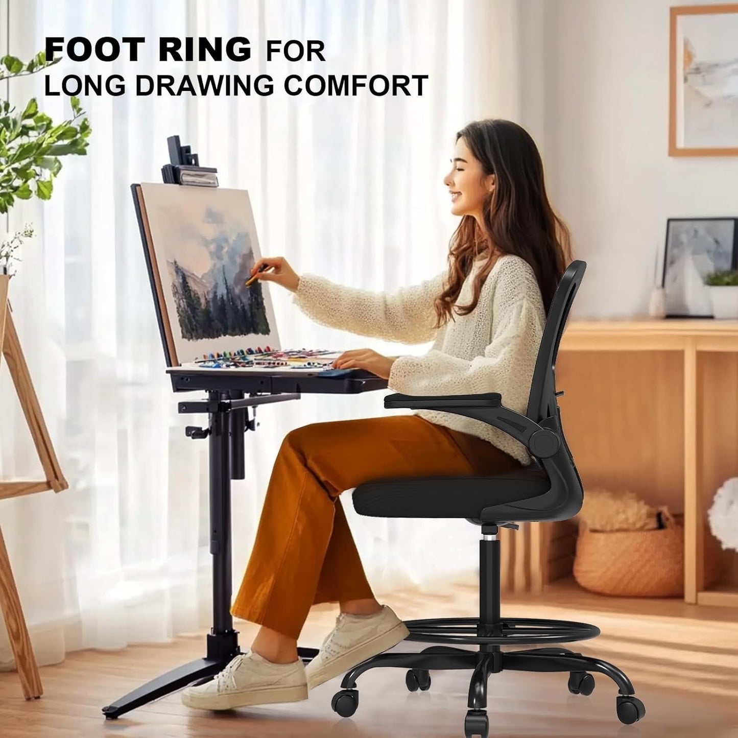 Synorla Ergonomic Drafting Chair, Tall Office Chair with Flip-Up Armrests, Breat