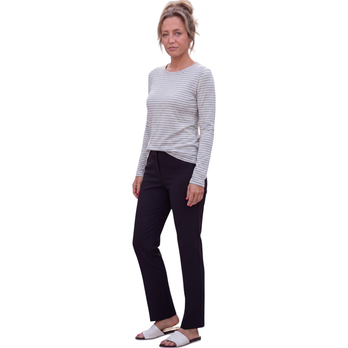 Frankee & Skylar Women's Crew Neck Long Sleeve Gray & White Striped Shirt