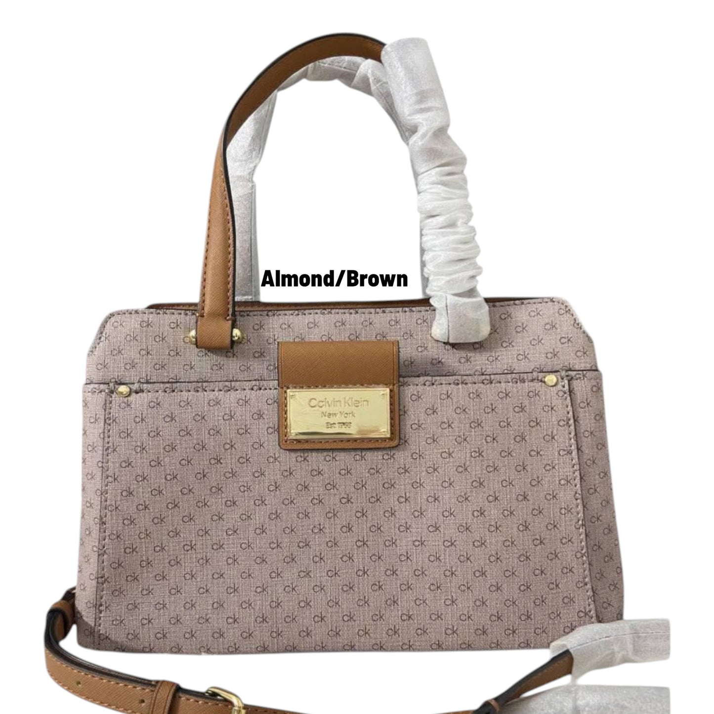 NWT Calvin Klein Women's Triple Compartment Satchel Crossbody Bag Almond/Brown