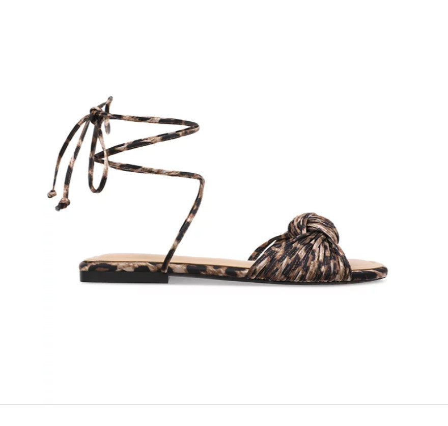 On 34th Leopard Women Jennie Flat Sandals Ankle Tie Strap Man Made Round Toe