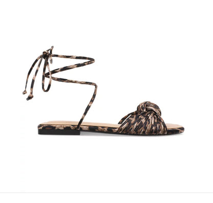 On 34th Leopard Women Jennie Flat Sandals Ankle Tie Strap Man Made Round Toe