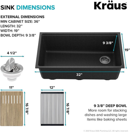KRAUS Bellucci 32” Undermount Workstation Granite Black Kitchen Sink KGUW2-33MBL