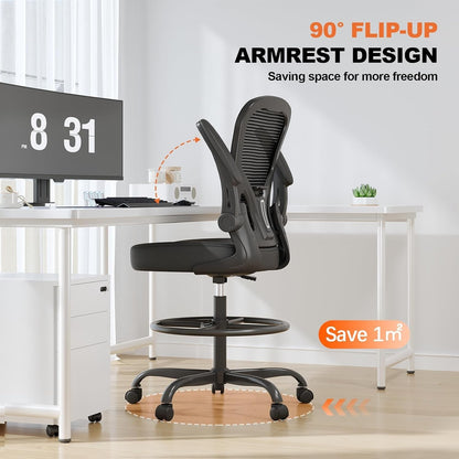 Synorla Ergonomic Drafting Chair, Tall Office Chair with Flip-Up Armrests, Breat