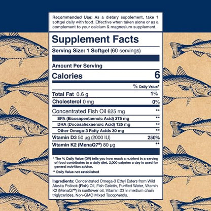 Wiley's Finest Wild Alaskan Fish Oil Vitamin K2 Softgels - 500mg of EPA and DHA Omega-3s for Bone and Heart Health Support - 60 Softgels (60 Servings)