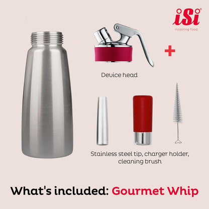 iSi Gourmet Whip (1 Quart) - Multifunctional Food Whipper for Warm & Cold Application, Stainless Steel Cream Canister - Includes 3 Decorating Tips, Dishwasher Safe - Professional Culinary Tool