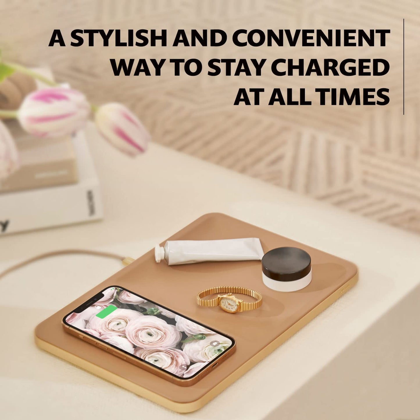 COURANT Catch:3 Belgian Linen Italian Leather Wireless Charging Station and Valet Tray - Compatible with iPhone 15, 14, 13, 12, 11, X, SE, Galaxy S21, S20, Note, AirPods/Pro