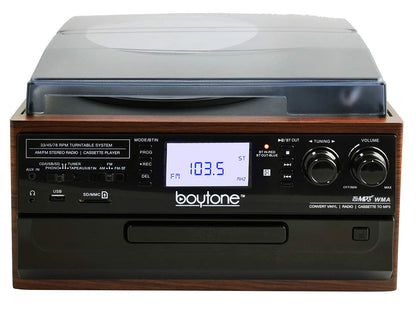 Boytone BT-22M, Bluetooth Record Player Turntable, AM/FM Radio, Cassette, CD Player, 2 built in speaker, Ability to convert Vinyl, Radio, Cassette, CD to MP3 without a computer, SD Slot, USB, AUX