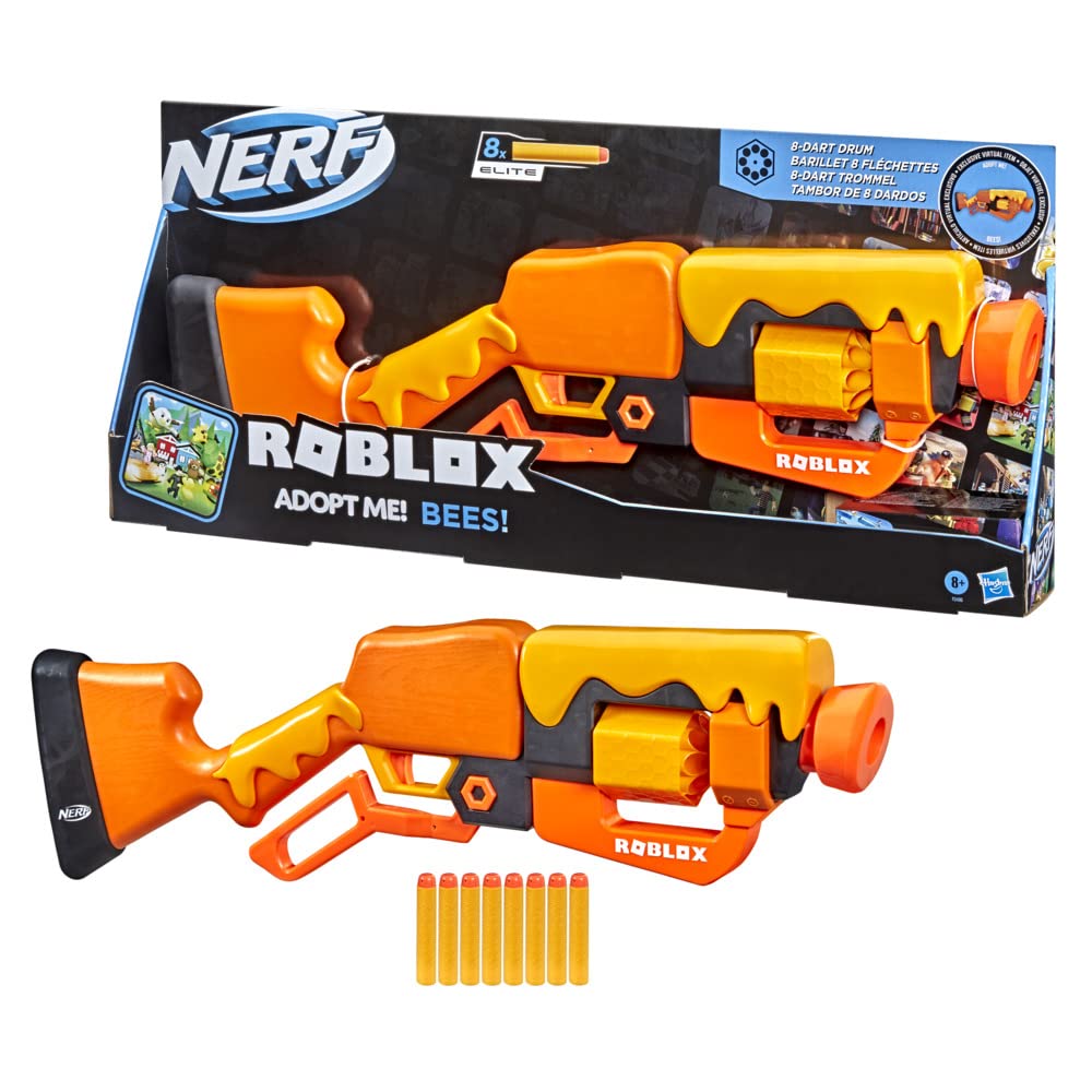 NERF Roblox Adopt Me!: Bees! Lever Action Dart Blaster, Rotating 8-Dart Drum, 8 Elite Darts