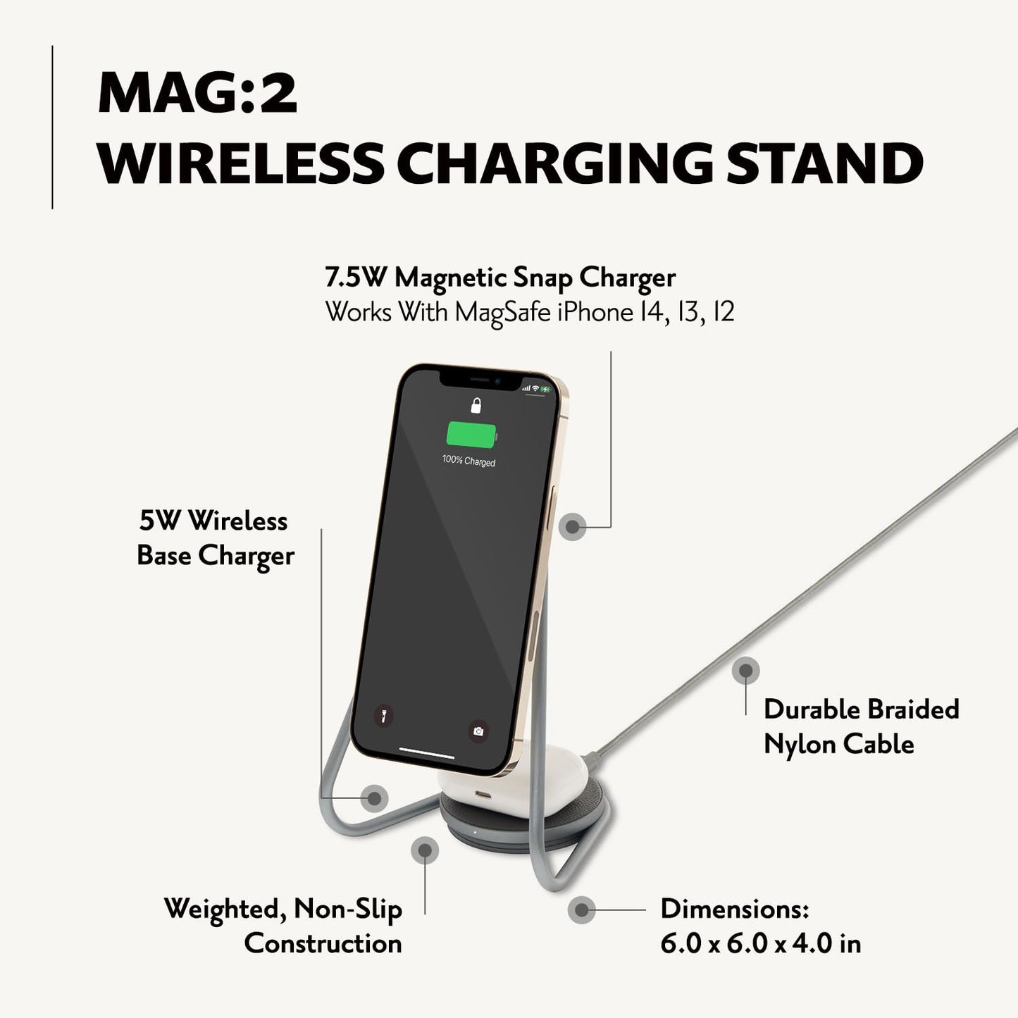 Courant Mag:2 Essentials Wireless Charging Stand - Belgian Linen, 2 in 1 Multi-Device Charger - Magnetic Stand for MagSafe iPhones with Charging Base for AirPod Cases
