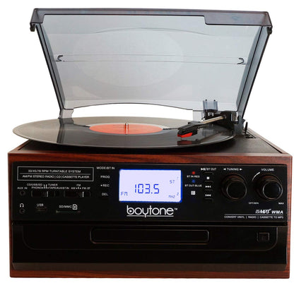 Boytone BT-22M, Bluetooth Record Player Turntable, AM/FM Radio, Cassette, CD Player, 2 built in speaker, Ability to convert Vinyl, Radio, Cassette, CD to MP3 without a computer, SD Slot, USB, AUX